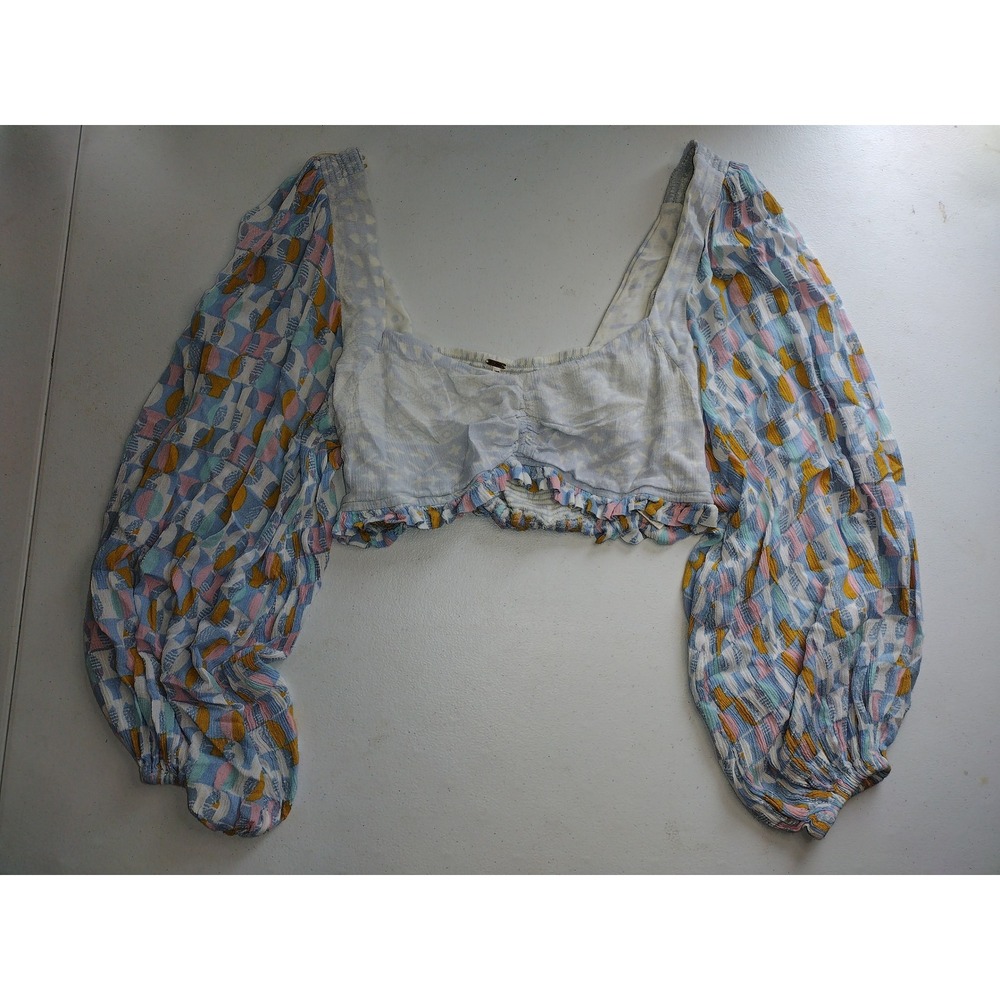 Free People Womens Abstract Geometric Balloon Sleeve Smocked Crop Top Blue S